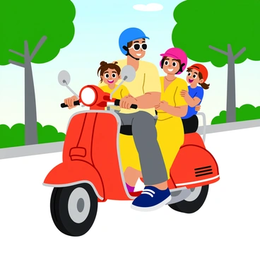 A family of four riding together on a classic Bajaj scooter. The father, wearing a blue helmet and sunglasses, is at the front, gripping the handlebars. The mother sits behind him, wearing a bright yellow dress and a pink helmet, with a smile on her face. Two cheerful children are positioned behind their parents; one child, a girl with pigtails, is holding onto her mother's waist, while the other, a boy with a baseball cap, is playfully waving. The scooter is bright red with chrome accents, parked on a sunny street with green trees lining the background.
