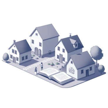 A village landscape featuring several houses that are designed to resemble giant open books. Each house has a unique cover design, with distinct patterns and illustrations on the "pages." The houses have pitched roofs that mimic the spine of a book, and they are arranged along a cobblestone path. There are trees and shrubs scattered throughout the village, adding to the quaint atmosphere. A few villagers can be seen walking along the path, interacting with one another amidst this imaginative setting.