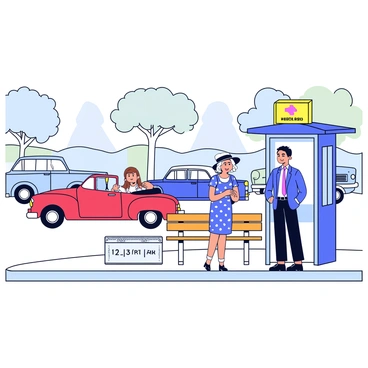 A couple is standing at a vintage bus stop with a retro design. The woman is wearing a polka dot dress with a wide-brimmed hat, while the man is in a fitted suit with a narrow tie. The bus stop has a wooden bench and a sign displaying bus routes. In the background, several classic cars, including a red convertible and a blue sedan, are driving by. The scene captures the essence of a bygone era, with trees lining the street and a clear sky.