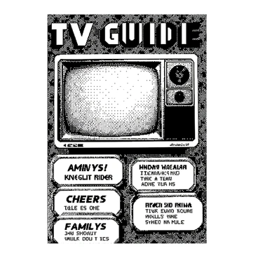 A retro TV guide magazine cover is displayed prominently. The title reads "TV Guide" in bold, stylized letters at the top. Below the title, there are listings of popular 80s shows such as "The A-Team," "Cheers," "Knight Rider," and "Family Ties." Each show title is enclosed in a rectangular box with a slight drop shadow for emphasis. The background features a checkered pattern reminiscent of the 80s aesthetic. The overall layout is filled with halftone dot patterns, giving the cover a vintage feel. A small television graphic is placed in one corner, enhancing the retro theme.