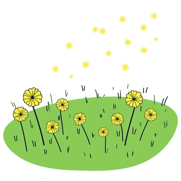 A wide field filled with bright yellow dandelions in full bloom. The flowers are scattered throughout the green grass, creating a vibrant landscape. In the air above the flowers, numerous dandelion seeds are gracefully floating away, being carried by a gentle breeze. The scene captures the movement of the seeds as they drift and sway, some catching the light of the sun as they travel.