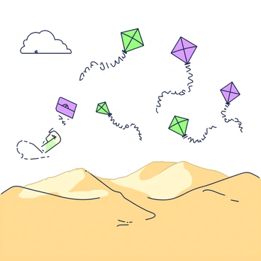 Kites are soaring gracefully above a vast desert landscape. The sky is filled with various shapes and sizes of kites, each dancing in the wind. In the background, there are gentle sand dunes that ripple and rise, creating a textured surface. The sun casts shadows on the dunes, accentuating their curves. The scene captures the contrast between the colorful kites and the natural golden tones of the sand.