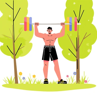 An athlete with a strong physique is lifting a shiny silver barbell above their head. The barbell has colorful weights on each side, showcasing a variety of vibrant colors. Surrounding the athlete, tall green trees are abundant, their leaves creating a lush canopy above. The ground is covered with soft, green grass, and scattered wildflowers add pops of color throughout the scene. Sunlight filters through the trees, casting dappled shadows on the ground. The athlete's determined expression conveys focus and strength.