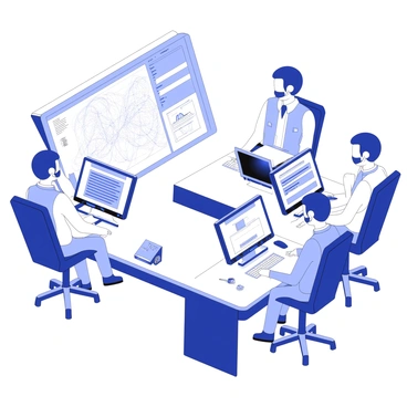 A team of cybersecurity experts is seated in a high-tech command center. Each expert is focused on multiple monitors displaying graphs, code, and security alerts. The room is filled with advanced technology, including a large digital map on one wall showing real-time data flows and potential threats. The experts are wearing headsets, communicating with each other while accessing various software tools. There are several ergonomic workstations equipped with keyboards, mice, and additional screens. A central console is visible, containing blinking lights and buttons, indicating active monitoring of systems. The environment conveys a sense of urgency and collaboration as the team works together to ensure cybersecurity.