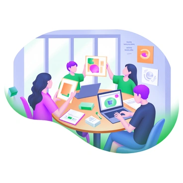 A modern pastel illustration depicting a roundtable gathering of illustrators. The table is circular and covered with sketchbooks, laptops, and art supplies. Around the table, several illustrators are engaged in conversation, each showcasing their latest projects. One illustrator holds up a vibrant artwork, while another types on a laptop displaying a colorful design. The room has large windows allowing natural light to illuminate the scene. On the walls, there are framed illustrations and inspirational quotes. Each illustrator has a unique hairstyle and attire, adding diversity to the scene.