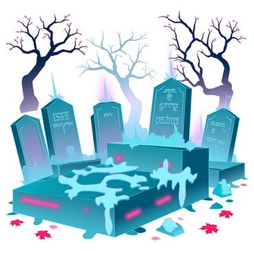 An old cemetery with crooked tombstones covered in moss and lichen. The tombstones have intricate engravings, some partially obscured by the wear of time. Wisps of mist swirl around the graves, creating an ethereal atmosphere. Trees with twisted branches loom overhead, their silhouettes dark against the muted sky. Scattered autumn leaves lie on the ground, adding subtle color to the scene. Shadows play across the cemetery, enhancing the mysterious ambiance.