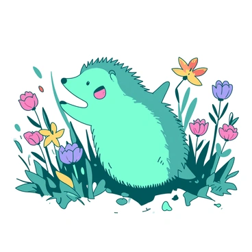 A teal hedgehog is spinning joyfully in a field filled with various wildflowers of different colors. The wildflowers sway gently in the breeze, creating a lively atmosphere around the hedgehog. The hedgehog's tiny legs are raised as it twirls, with its quills standing out against the colorful backdrop. Sunlight filters through the flowers, casting small shadows on the ground, adding to the sense of movement in the scene.