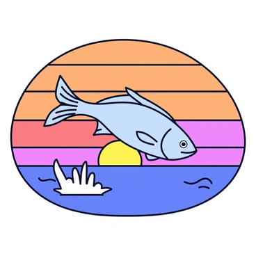 A barramundi fish with shiny silver scales is leaping out of the water. The fish is depicted mid-air, showing its streamlined body and powerful tail fin. The water below has visible splashes and ripples created by the fish's leap. In the background, a vibrant sunset fills the sky with a gradient of warm colors, including shades of orange, pink, and purple. The sun is partially visible, casting a soft glow around the horizon.