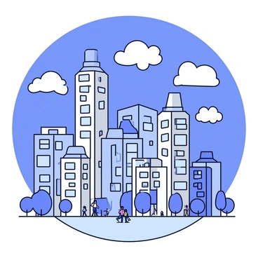 A cityscape featuring tall buildings with unique architectural designs that grow upside down from the sky. The buildings have varying colors, including shades of blue, gray, and white, and their windows reflect light like mirrors. The sky is bright blue with fluffy white clouds scattered throughout. Below, the ground is visible with small trees and people walking, giving a sense of scale to the unusual structures above.
