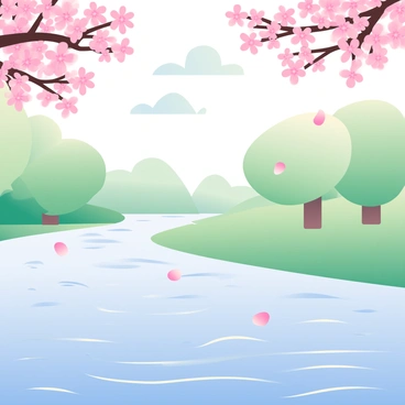 A tranquil river flows calmly through the scene. Cherry blossom petals in soft pink hues are gently falling from blooming branches above. The petals create a delicate layer on the surface of the water, reflecting the light. In the background, there are green trees framing the riverbank, and the sky is a soft blue with wispy white clouds. The atmosphere is peaceful, enhanced by the soft ripples created by the falling petals.