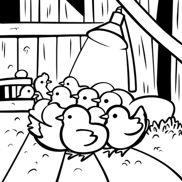 A group of fluffy baby chicks huddled together underneath a heat lamp in a barn. The heat lamp casts a warm glow, illuminating the soft feathers of the chicks. Straw and hay are scattered across the wooden floor of the barn. In the background, wooden beams and rustic elements of the barn structure are visible. Some chicks are peeking out while others are nestled closely for warmth. The overall scene captures a cozy and nurturing environment.