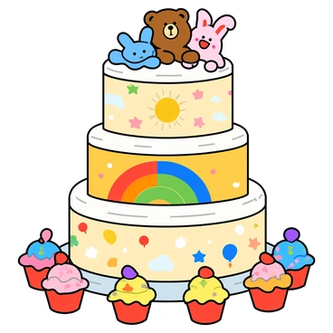 A large, multi-tiered gateau decorated with vibrant colors and playful designs. The cake has three layers, each covered in smooth white frosting. On the top layer, there are colorful cartoon characters including a smiling bear, a cheerful rabbit, and a giggling sun. The middle layer features a rainbow with fluffy white clouds, while the bottom layer has a pattern of bright stars and balloons. The cake has a shiny, glittery finish that draws attention. Surrounding the gateau are small, colorful cupcakes with similar cartoon character toppers, adding to the festive atmosphere of the children's party.