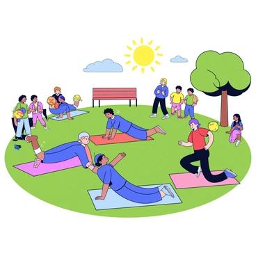 A group of five people is participating in a friendly competition of push-ups in a park. Each person has a different athletic outfit, with two wearing bright blue shirts and the others in red, green, and yellow. They are positioned on colorful exercise mats spread across the grass. The sun shines brightly overhead, casting shadows on the ground. Nearby, a few trees provide some shade, and a park bench is visible in the background. A small crowd of spectators watches and cheers them on, creating a lively atmosphere.
