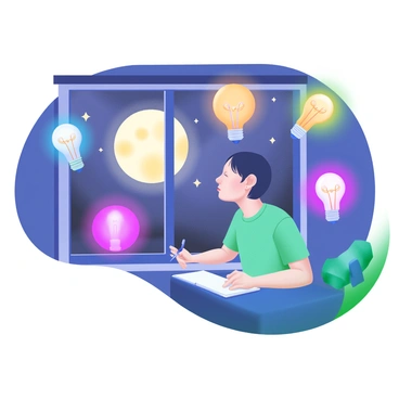 A person sitting by a window at night, gazing outside. The scene is illuminated by the soft glow of moonlight filtering through the glass. The figure has a thoughtful expression, with a notebook resting on their lap. Surrounding the window are colorful, twinkling lightbulb icons symbolizing various ideas. Each lightbulb radiates a different hue, including blue, yellow, pink, and green, casting a warm ambiance in the room. The background features a darkened sky dotted with stars, enhancing the nighttime atmosphere.
