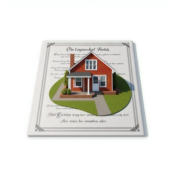 A detailed illustration of a charming home with a red brick façade and white shutters. The house has a welcoming porch with a swing and a neatly trimmed lawn. Surrounding the home is a large, ornate contract of indemnity, visually represented as a protective barrier. The contract features elegant script text and intricate borders, forming a semi-transparent shield that wraps around the house. The scene is bright and inviting, with a clear blue sky overhead and soft shadows cast by the house and the barrier.