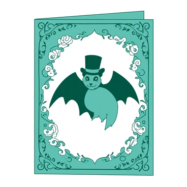 A teal Victorian-style greeting card features an intricate border with floral patterns and ornate designs. In the center, there is an illustration of a bat wearing a black top hat. The bat is perched elegantly, with its wings partially spread. Surrounding the bat are delicate swirls and curls, adding to the vintage aesthetic of the card. The background is a soft white, enhancing the detailed drawing of the bat and the decorations on the card.