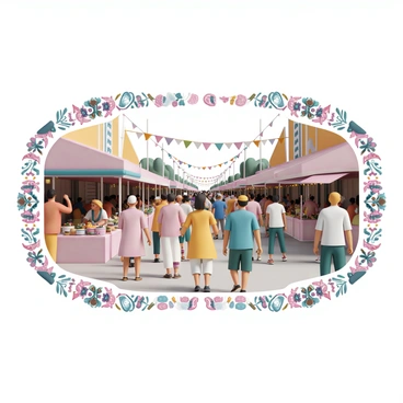 Colorful cultural motifs illustrated around a photo of a bustling street festival.