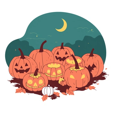 A duotone illustration features a vibrant orange pumpkin patch filled with various carved jack-o'-lanterns. Each jack-o'-lantern has a different spooky facial expression, their inner candles flickering and casting an eerie glow. In the background, a dark teal sky is illuminated by the soft light of a crescent moon, which hangs low, partially obscured by wispy clouds. The scene captures a sense of autumn with scattered fallen leaves amongst the pumpkins, enhancing the festive atmosphere.