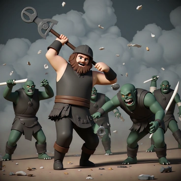 A dwarf named Gimli, wearing a dark helmet and sturdy leather armor, is engaged in an intense battle with a group of orcs. He has a thick brown beard and a determined expression on his face. His muscular arms are raised high as he grips a large, intricately designed axe, ready to strike. Orcs with green skin and menacing features surround him, some brandishing crude weapons and snarling. The scene captures the chaos of the fight, with debris flying in the air and the ground littered with fallen equipment. The background is filled with dark, ominous clouds, adding to the dramatic atmosphere of the battle.