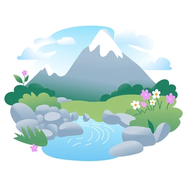 A mountain with a clear spring emerging from the rocks, beginning the water cycle