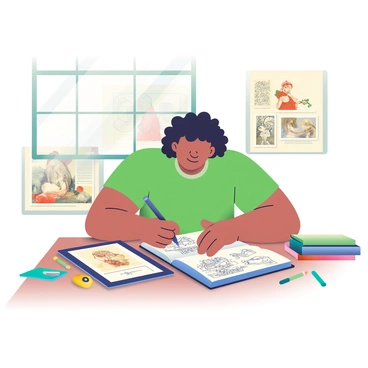 An artist with light brown skin and curly hair is sitting at a wooden table, surrounded by various art supplies. They are sketching in a large open notebook filled with detailed illustrations and notes. The table is cluttered with colored pencils, ink pens, and a digital tablet displaying historical illustration techniques. Behind the artist, there are several framed prints of classic illustrations mounted on the wall, showcasing different styles and techniques from various historical periods. A window lets in natural light, illuminating the workspace and creating a warm atmosphere. A stack of books on art history is placed to the side, further emphasizing the artist's research for their dissertation.