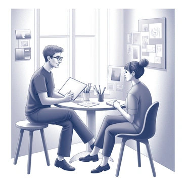 A mentor, a middle-aged individual with glasses and a neat hairstyle, is seated on a stool, leaning slightly forward with an engaging expression. The mentor is holding a sketchbook, offering insightful feedback to the illustration student. The student, a young adult, is sitting on a chair, attentively listening and taking notes on a notepad. The studio corner is filled with various art supplies, including pencils, brushes, and a palette. A large window allows natural light to illuminate the space, creating a welcoming atmosphere. The walls are adorned with various illustrations and sketches, showcasing the creative environment.