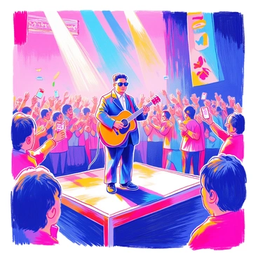 Kim Jong Un is standing on a small stage, holding a guitar with a focused expression. He is wearing a dark suit and sunglasses, which reflect the colorful lights of the concert. The backdrop of the stage is adorned with vibrant banners and lights in various colors. The audience is lively, with people clapping and cheering, some holding up their phones to capture the moment. The atmosphere is filled with excitement as the music resonates through the venue.