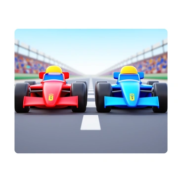 Two racing cars in vibrant colors, one red and one blue, are speeding side by side on a smooth asphalt race track. The tires of both cars leave distinct, wide marks behind them, showcasing the impact of friction on the surface. The cars are designed with sleek aerodynamics, featuring prominent sponsor decals. The background includes a clear sky and blurred audience in the stands, emphasizing the speed of the cars as they race forward.