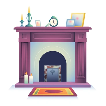 A fireplace mantel made of dark wood is positioned prominently in the center of the image. On the mantel, there is a small, intricately designed "hidden button" that is slightly raised, blending in with the wood grain. The surrounding decor includes an antique clock, two elegant candlesticks, and a few framed photographs. Below the mantel, a "trapdoor" is partially revealed, with its edges worn and aged, suggesting it has been used frequently. The floor beneath the trapdoor is covered with a rich, patterned rug that adds warmth to the scene. Soft shadows are cast by the flickering light of nearby candles, enhancing the mysterious ambiance.