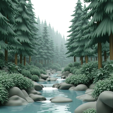 A dense Pacific Coast rainforest filled with tall, vibrant green trees, their leaves glistening in the soft light. Below the trees, thick underbrush supports a variety of ferns and shrubs, creating a rich tapestry of greenery. A gentle stream flows through the forest, its clear water reflecting the surrounding foliage. Smooth stones line the streambed, and small waterfalls trickle softly into deeper pools, creating a serene, natural setting. The air is filled with the scent of damp earth and the sounds of wildlife in the background.