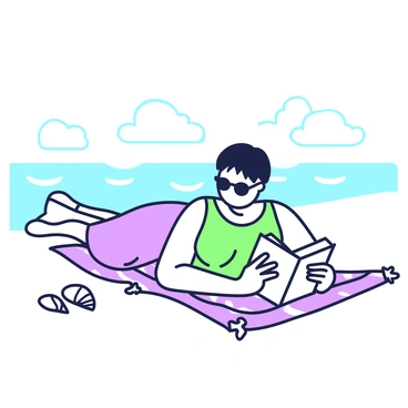 A person lying on a beach towel is reading a book. The towel is spread out on the sand, with a pattern of stripes. The individual has short hair and is wearing sunglasses. They are holding a book open in their hands, focused on the pages. In the background, the ocean is visible with waves gently breaking against the shore, creating a serene atmosphere. A few seashells are scattered on the sand nearby, adding detail to the beach scene.