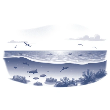 A wide panoramic view of the Atlantic Ocean. The surface of the water is textured with gentle waves, reflecting the light above. Various marine species are visible, including schools of fish swimming near the water's surface and larger creatures like dolphins leaping in the distance. Coral reefs can be seen below the clear water, showcasing a variety of shapes and textures. Seagulls are flying above, some diving towards the water. The horizon stretches out, meeting the sky, which is dotted with wispy clouds.