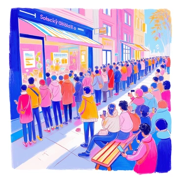 A long line of people is gathered outside a store, each person showing visible anticipation for the release of a new product. The line stretches along the sidewalk, with individuals of various ages and backgrounds. Some people are holding their phones, capturing the moment, while others are chatting excitedly with friends. The store's entrance features a large display advertising the new product, and colorful banners hang overhead. Nearby, a few people are seated on benches, engaging in conversation while waiting. The scene is buzzing with energy and enthusiasm.