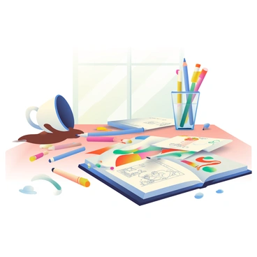 An artist's workspace is filled with various art supplies scattered across a wooden table. A coffee cup, white with a blue rim, is knocked over, spilling dark brown liquid onto several half-finished illustrations that feature colorful designs. Pencils of different colors are strewn around, and a few brushes are resting in a glass jar filled with water, reflecting light. A sketchbook lies open, showcasing pencil sketches of characters. In the background, a window allows soft natural light to illuminate the chaotic yet creative atmosphere of the space.