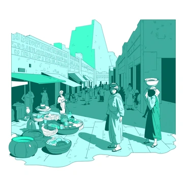 A teal ancient city of Nineveh is filled with people going about their daily lives. In the foreground, a group of merchants is setting up their colorful stalls, displaying vibrant fabrics and pottery. To the left, a woman is carrying a clay jar on her head while chatting with a child holding her hand. In the background, towering stone structures and intricately carved reliefs can be seen, casting shadows on the busy street. The pathways are lined with other residents, some engaged in conversation, while others are transporting goods. The atmosphere is filled with activity and a sense of community.