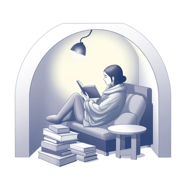 A person curled up in a cozy reading nook with a warm blanket and a stack of books.