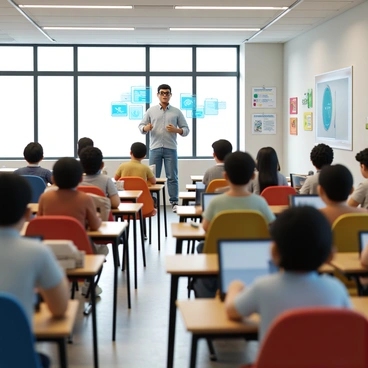 A modern classroom filled with rows of desks and colorful chairs. Bright, natural light filters through large windows, illuminating the space. At the front of the room stands a holographic AI teacher, projecting a life-like figure with a friendly expression, casually dressed in a smart shirt and glasses. Various digital interfaces float around the hologram, displaying information and interactive elements. Students of diverse backgrounds are seated at their desks, attentively watching and taking notes, with some using laptops and tablets for assignments. The walls are adorned with educational posters and a whiteboard displaying lesson content.