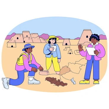 A team of three archaeologists is digging at a desert site. One archaeologist, wearing a wide-brimmed hat, is kneeling down with a small trowel in hand, carefully uncovering layers of sand. Another archaeologist is standing next to a large excavation tool, looking at a map. The third archaeologist is examining an ancient artifact that has been partially unearthed, holding it up to the sunlight. In the background, there are crumbling ancient ruins with stone structures partially covered in sand, and distant rocky hills under a clear blue sky.