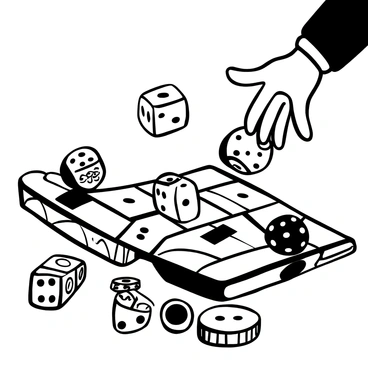 A hand with intricate details is positioned above a pair of dice as they tumble across a game board. The dice have distinct faces showing different numbers, emphasizing the chance aspect of the game. Surrounding the dice are various game pieces, including tokens and a game board with elaborate designs. The lighting casts shadows on the board, enhancing the atmosphere of suspense and intensity in the high-stakes environment.