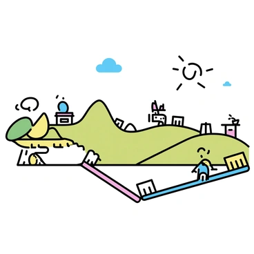 A tiny world, where a landscape of bright green grass and small hills is visible. In this scene, several "toothbrushes" are positioned horizontally, serving as bridges connecting various small structures. Each toothbrush has colorful bristles and a distinct handle, creating a whimsical appearance. Small creatures can be seen crossing the toothbrush bridges, while others are playing around them, adding life to the scene. The sky above is clear with a few fluffy clouds drifting by.