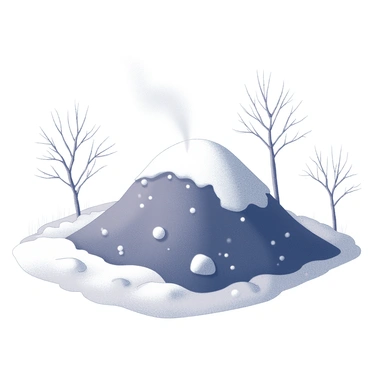 A landscape depicting a compost heap in a winter setting. The compost heap is partially covered with a thick layer of white snow, creating a contrast with the dark, rich materials underneath. Steam rises gently from the heap, indicating the active decomposition process occurring within. Surrounding the compost heap are patches of snow-dusted grass and a few barren trees in the background. The sky is overcast, contributing to the winter atmosphere of the scene.
