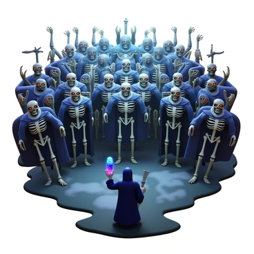 An army of undead warriors emerging from the ground. The warriors are skeletal figures clad in tattered armor, with glowing red eyes. They are positioned in various poses, some raising their weapons in readiness. In the foreground stands a necromancer, cloaked in dark robes with a staff adorned with glowing crystals. The necromancer is raising a hand, commanding the undead to rise. The background features a dark, eerie landscape with mist swirling around the feet of the warriors.