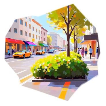 A vibrant urban scene showcasing bushes planted in neat rows along a busy city street. The bushes display various shades of green, creating a lush contrast against the backdrop of concrete buildings and asphalt roads. Pedestrians can be seen walking along the sidewalk, some stopping to admire the greenery. Cars are moving past, and colorful storefronts are visible in the background, adding to the lively atmosphere of the city. The sunlight casts gentle shadows, enhancing the textures of the foliage and the urban elements surrounding them.