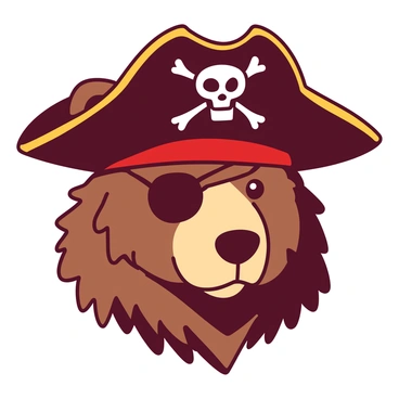 A bear's head is prominently displayed, adorned with a detailed pirate hat that features a skull and crossbones emblem on the front. The bear has a brown fur texture, and one eye is covered by a black eye patch, adding to the pirate theme. Below the hat, there are strands of fur that peek out, creating a rugged look. The bear's expression is fierce yet playful, capturing the adventurous spirit of a pirate. A gold earring dangles from one of its ears, completing the look.