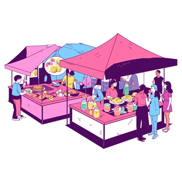 A vibrant street food market filled with colorful stalls. Each stall is adorned with bright canopies in various shades, showcasing an array of brunch options. One stall features a cheerful vendor serving fluffy pancakes topped with fresh berries, while another has a cook grilling savory breakfast burritos. A group of people is gathered around a stall offering vibrant smoothies in glass jars, with fruits displayed prominently. The atmosphere is lively, with customers chatting and enjoying their meals, while the scent of delicious food fills the air.