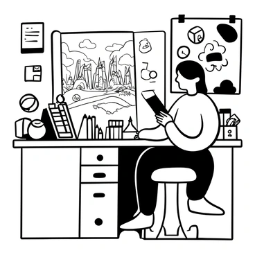 An illustrator sitting at a drawing desk, focusing intently on a large sketchbook. The sketchbook displays a detailed scene from an animated film, featuring a fantastical landscape with towering trees and a lively castle in the background. There are various character designs scattered around the workspace, including a whimsical creature and a heroic figure. The illustrator has an array of pencils and erasers organized neatly on the desk, along with concept notes pinned to a nearby board.
