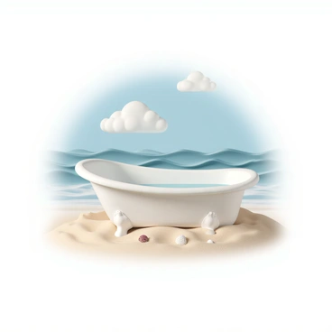 A bathtub placed on a sandy beach with ocean waves in the background