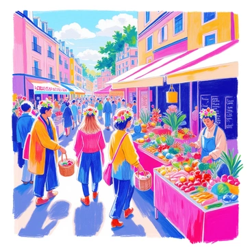 A bustling farmers' market scene is filled with various vendors. Each vendor is wearing a unique flower crown made of local produce, such as vibrant fruits and vegetables. Stalls are overflowing with an array of fresh fruits, colorful vegetables, and handmade goods. Customers are browsing the stalls, picking up produce and chatting with the vendors. In the background, there are bright banners and signs advertising the different products. The atmosphere is lively and energetic, with shoppers carrying baskets filled with their purchases.