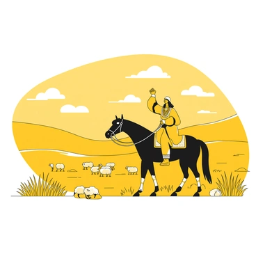 A nomad wearing traditional attire, consisting of a long robe and boots, is riding a sturdy black horse across the expansive Mongolian steppe. The nomad holds the reins firmly with one hand while the other hand is raised, symbolizing a gesture of connection with the vast landscape. The steppe stretches out with rolling hills in the background, dotted with patches of yellow grass swaying in the wind. The sky above is vast, filled with white clouds casting shadows on the ground below. In the distance, a small herd of sheep can be seen grazing peacefully.