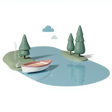 A tranquil riverbank, where the water is calm and reflects the blue sky above. A small wooden boat, painted in white with red accents, is gently tied to a post at the edge of the river. Surrounding the riverbank are tall green trees with lush leaves, some casting shadows on the water. The ground is covered in soft green grass with a few wildflowers blooming near the water's edge.